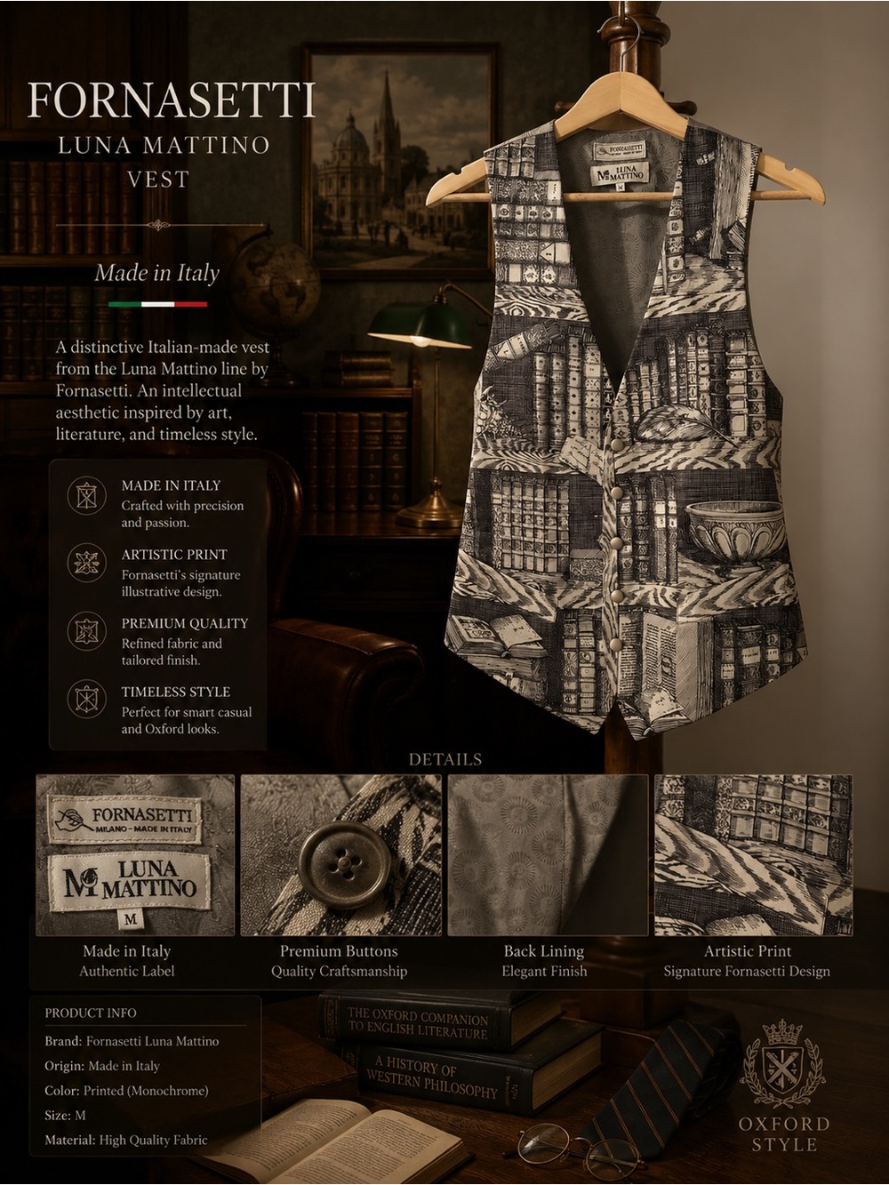 Vintage-Inspired Book Print silk Waistcoat
